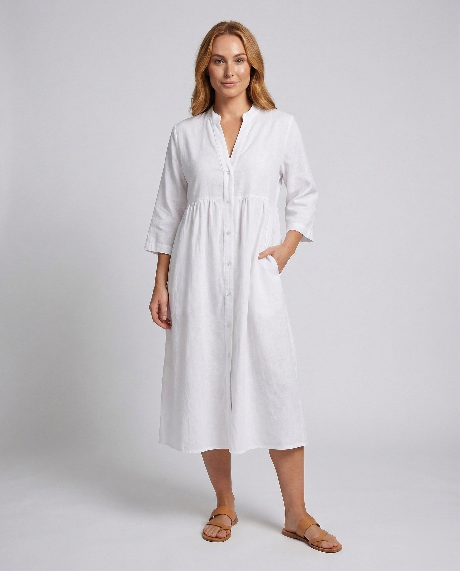 Damen Leinenkleid Mit Kräuselung Taillenlang - Eveloria