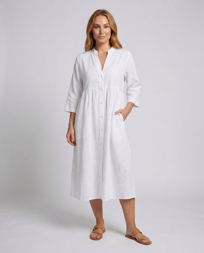 Damen Leinenkleid Mit Kräuselung Taillenlang - Eveloria