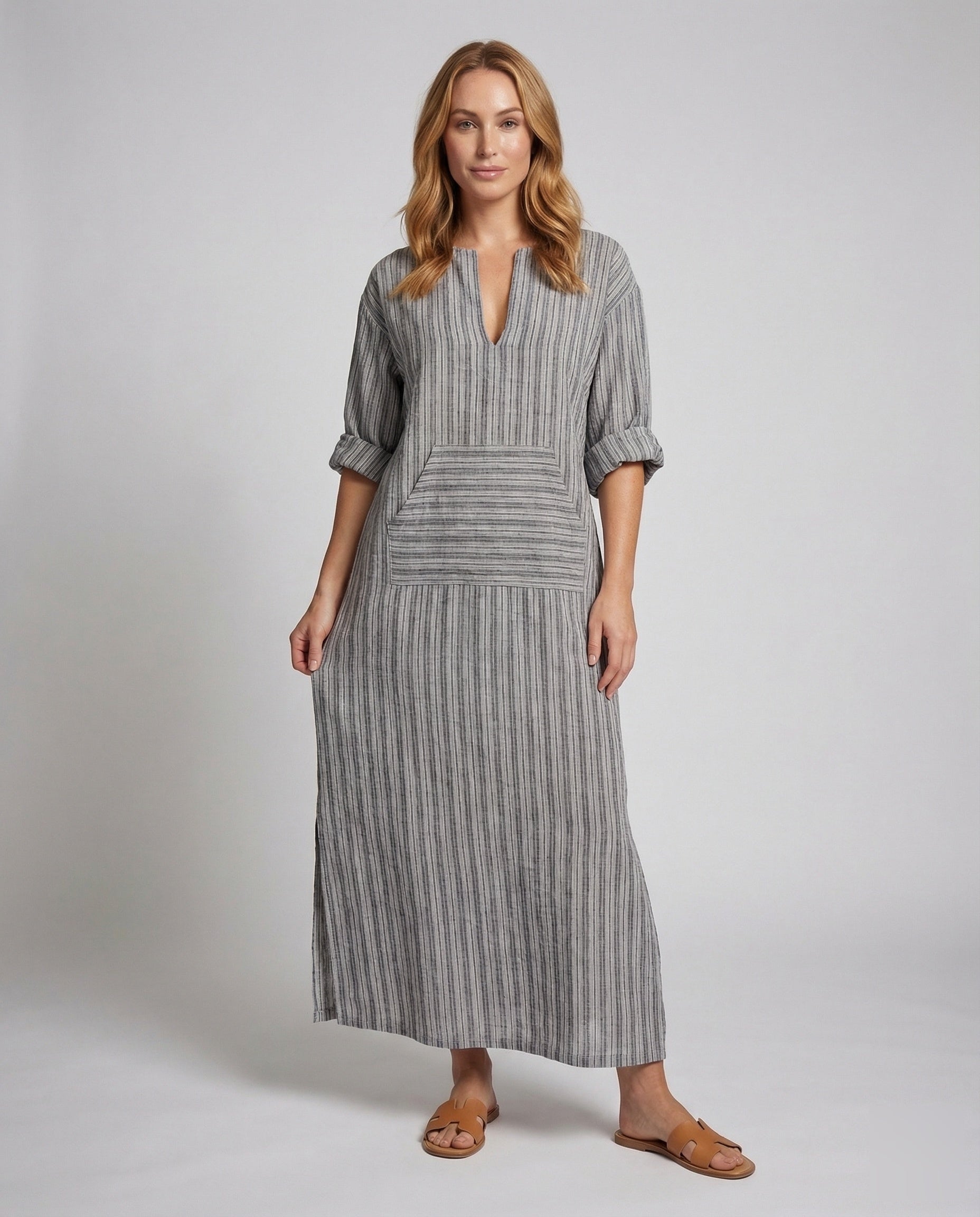 Damen Maxikleid aus Leinen mit Kängurutasche und V-Ausschnitt - Eveloria