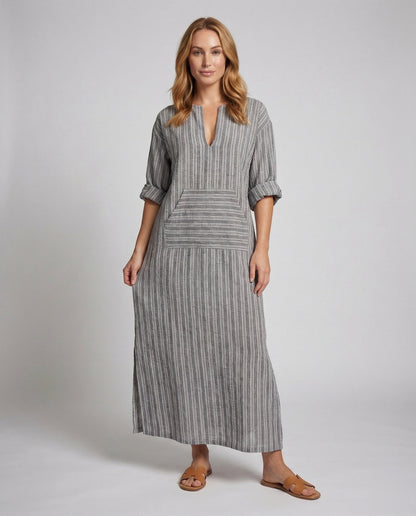 Damen Maxikleid aus Leinen mit Kängurutasche und V-Ausschnitt - Eveloria