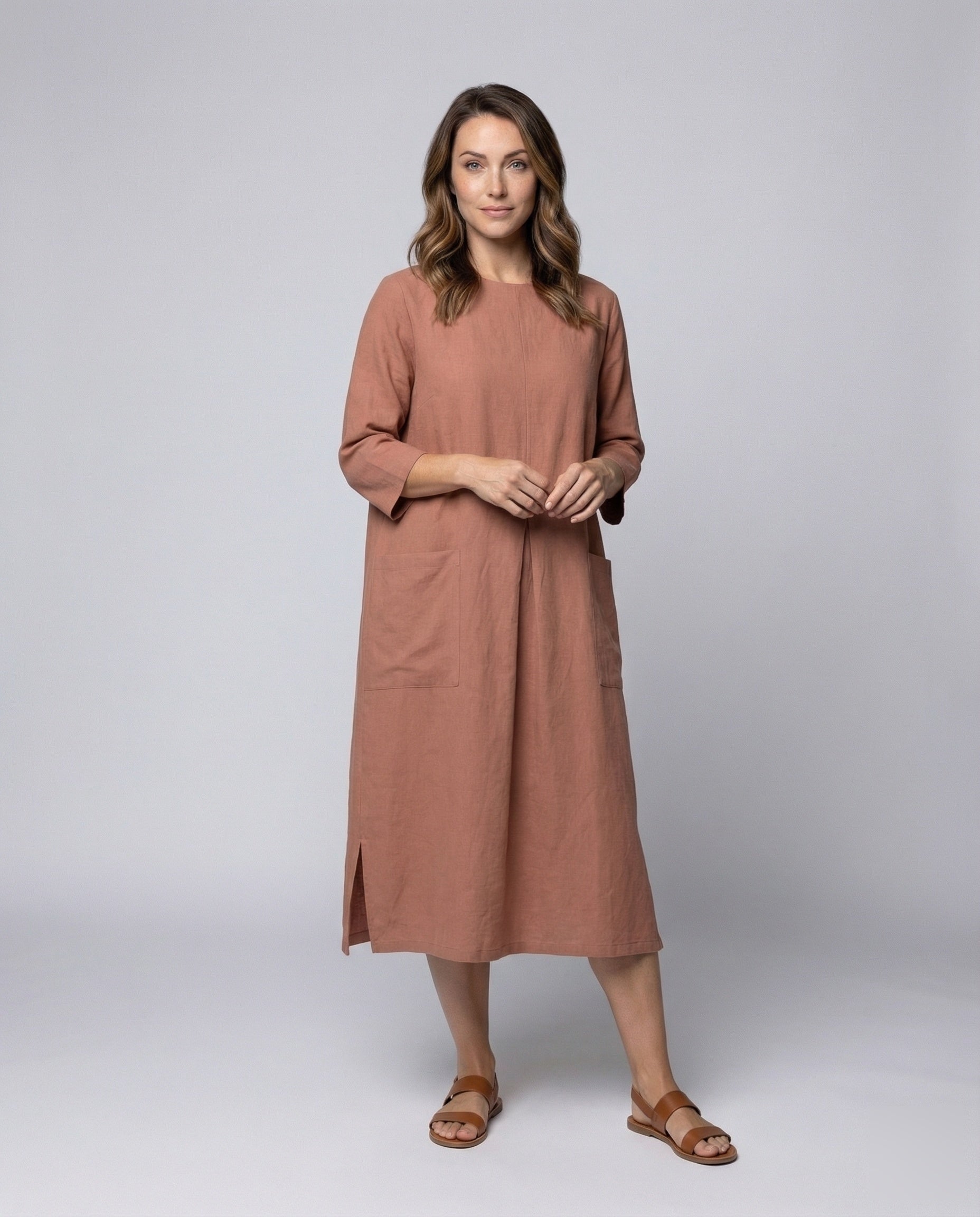 Damen Leinenkleid Dreiviertelärmel mit Seitenschlitzen - Eveloria