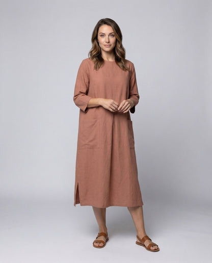 Damen Leinenkleid Dreiviertelärmel mit Seitenschlitzen - Eveloria