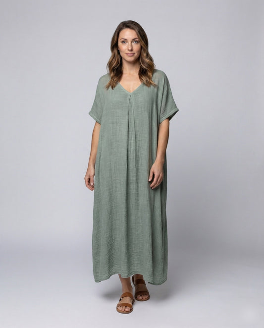 Damen Maxikleid Leinenmischung Mittelnaht - Eveloria