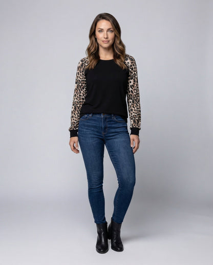 Damen Langarmshirt Leopardenmuster Ärmel - Eveloria