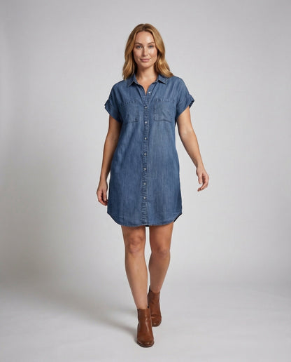 Damen Jeanskleid mit Volantstufe Blau - Eveloria