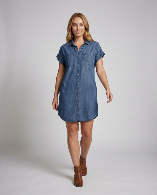 Damen Jeanskleid mit Volantstufe Blau - Eveloria