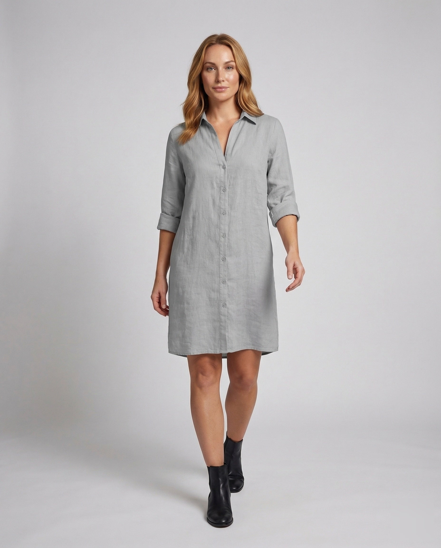 Damen Leinen-Kleid mit Krempärmeln - Eveloria