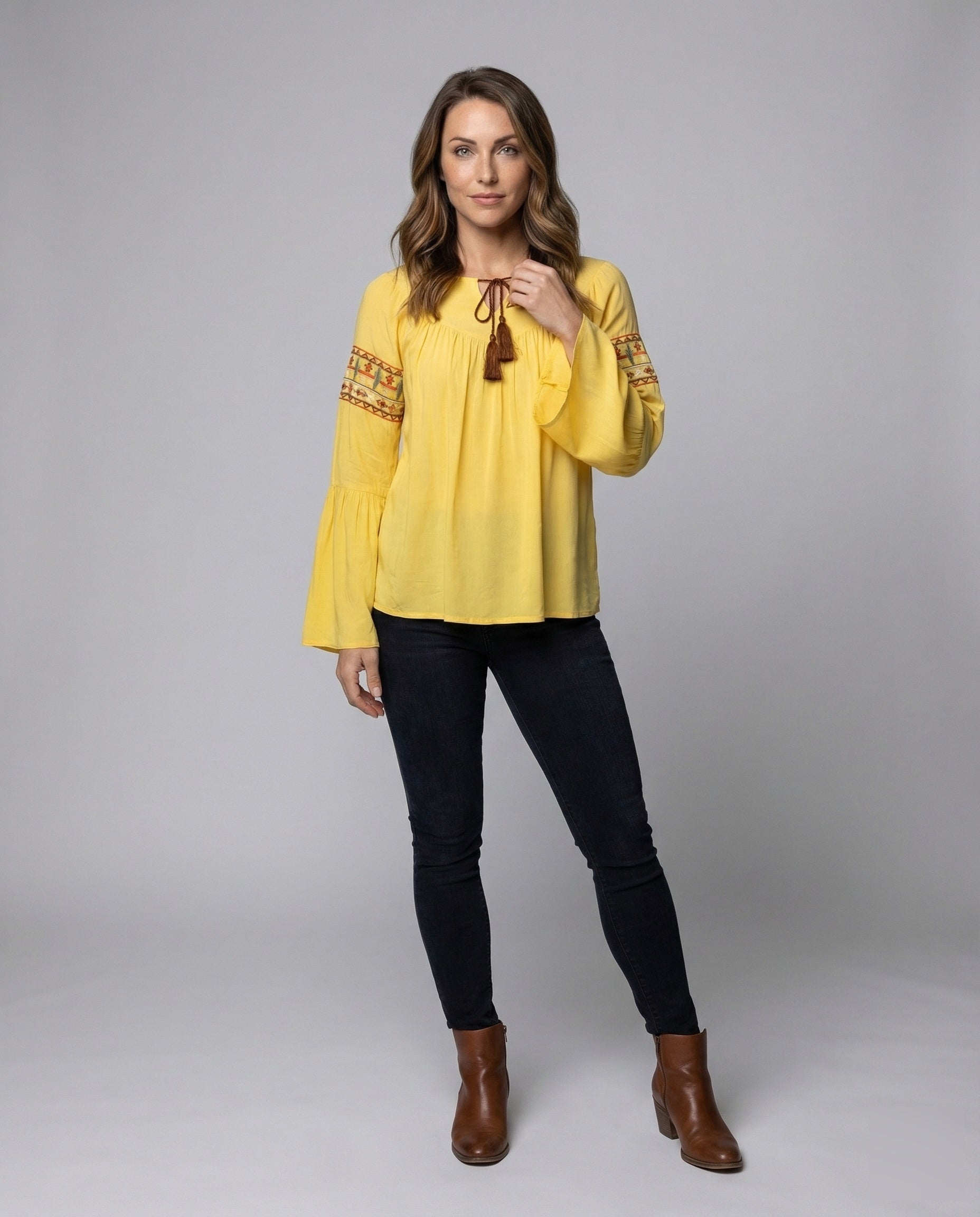 Damen Bluse Viskose Bestickt Trompetenärmel - Eveloria