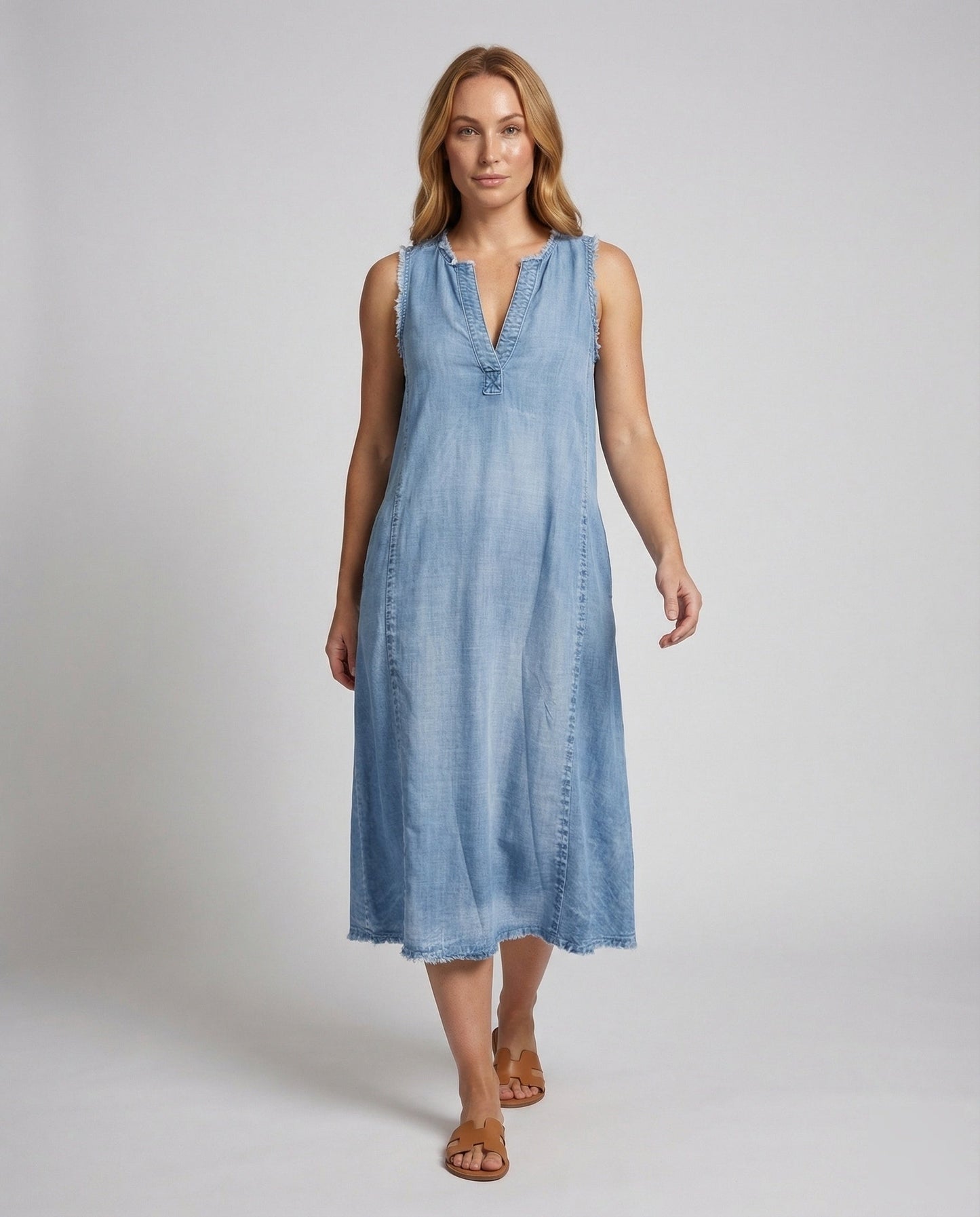 Damen Midikleid A-Linie Chambray Blau - Eveloria