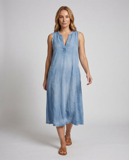 Damen Midikleid A-Linie Chambray Blau - Eveloria