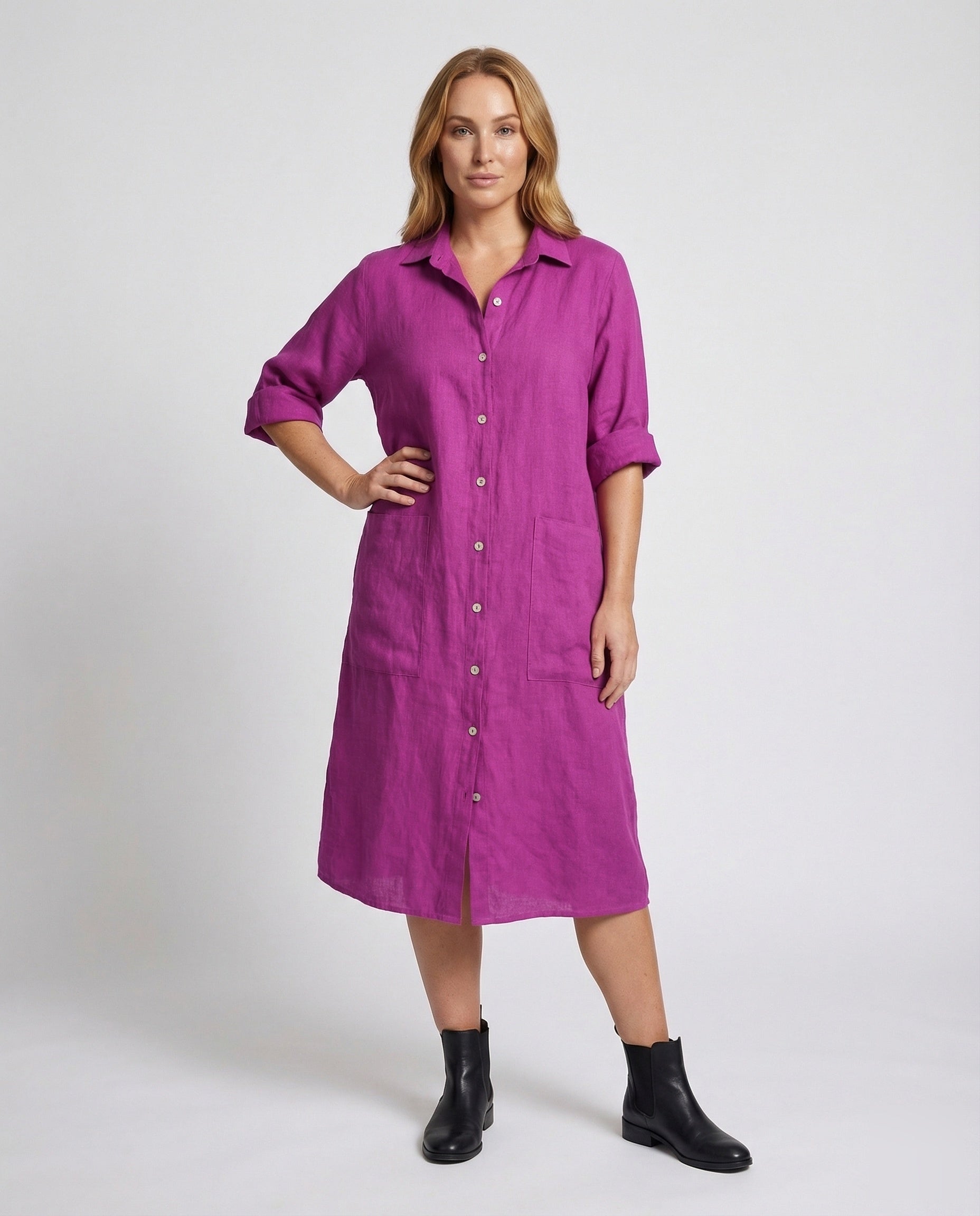 Damen Leinenkleid mit Aufgesetzten Taschen - Eveloria