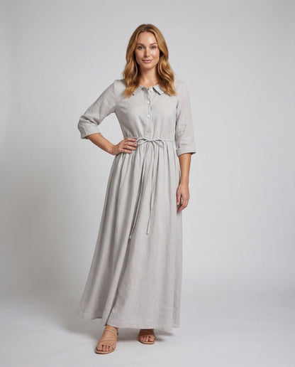 Damen Leinen Maxikleid mit Taillenband und Hemdblusenkragen - Eveloria