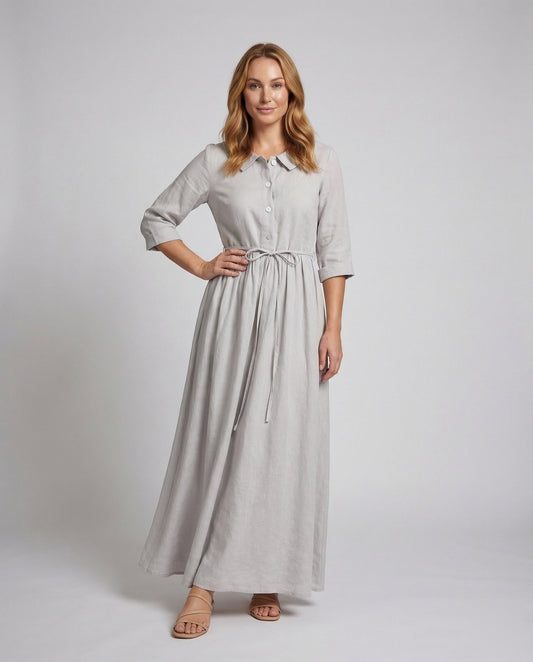 Damen Leinen Maxikleid mit Taillenband und Hemdblusenkragen - Eveloria