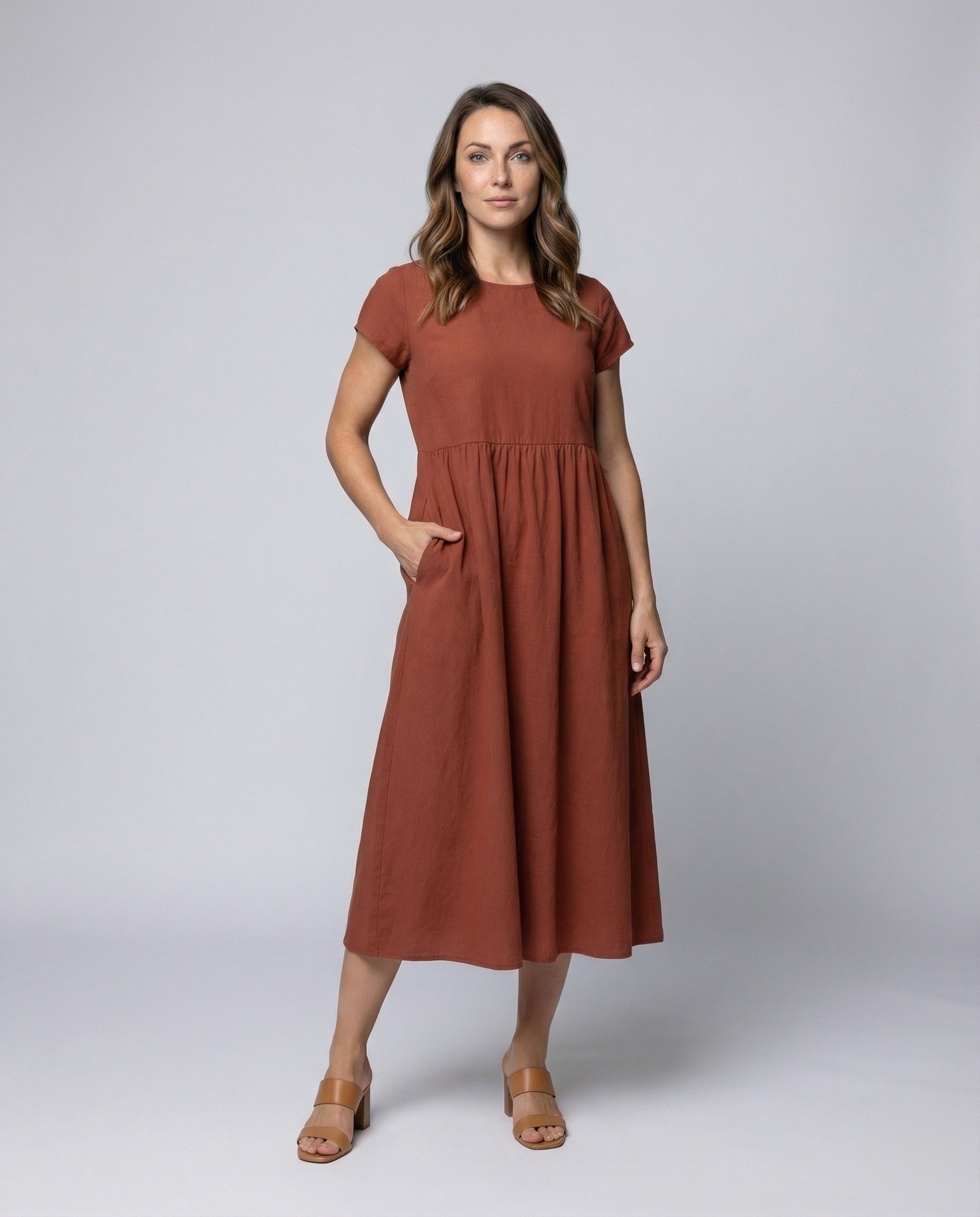 Damen Midikleid Viskose Unterbrust-Raffung - Eveloria