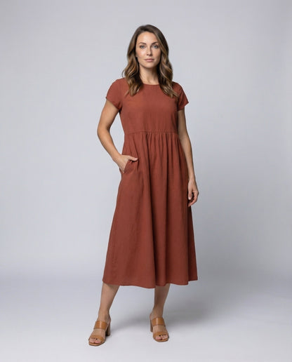 Damen Midikleid Viskose Unterbrust-Raffung - Eveloria