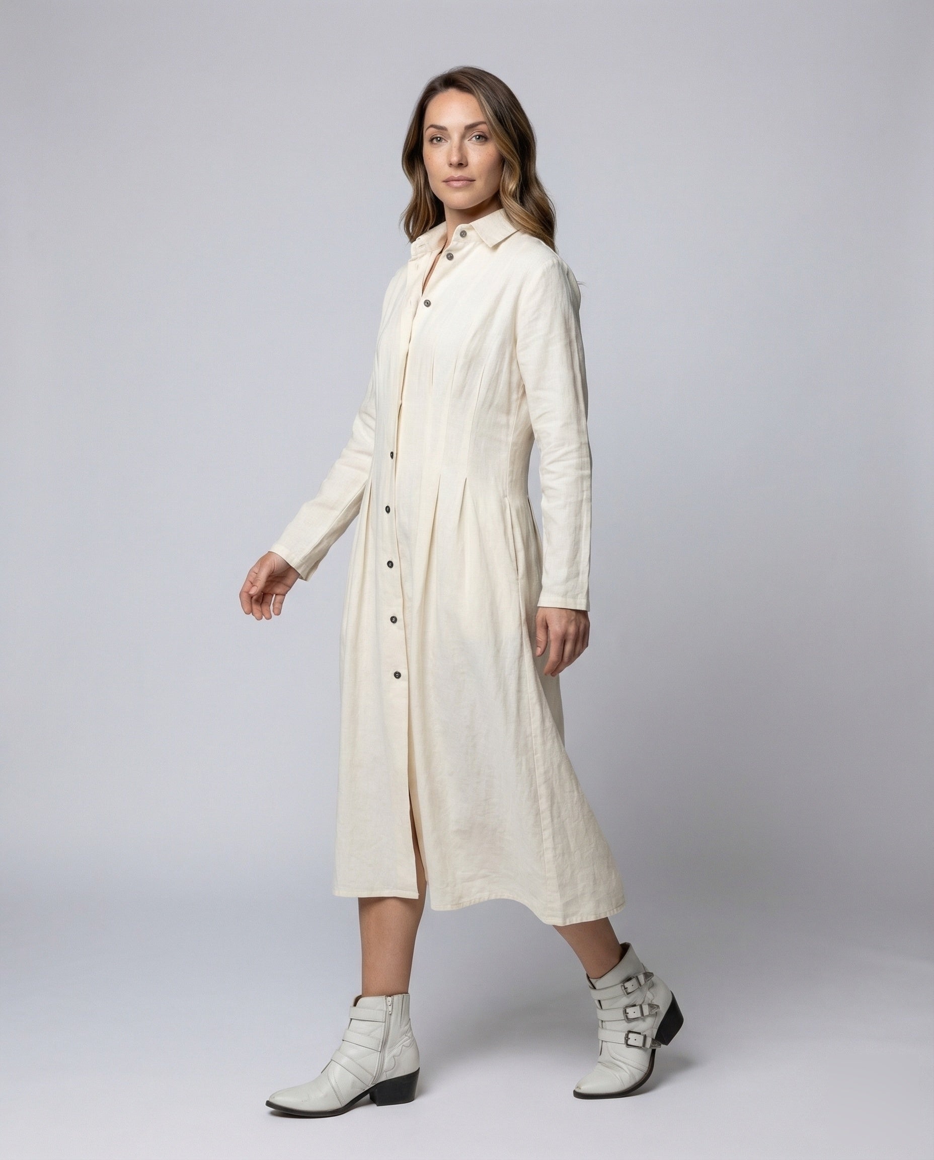 Damen Leinenhemdkleid Mantelstil Verdeckte Knöpfe Beige - Eveloria
