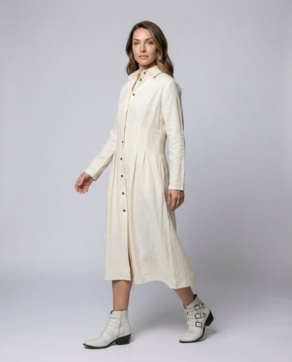 Damen Leinenhemdkleid Mantelstil Verdeckte Knöpfe Beige - Eveloria