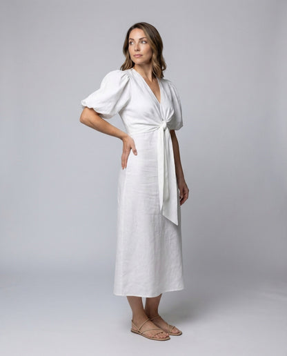 Damen Midikleid Leinenmix Mit Knotengürtel - Eveloria