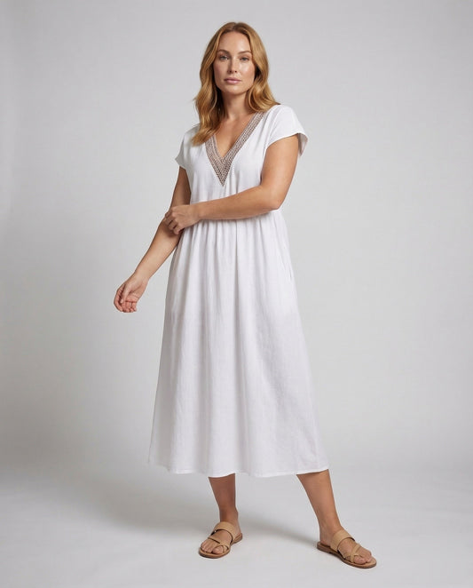 Damen Maxikleid Viskose-Leinenmix Spitze Schwarz - Eveloria