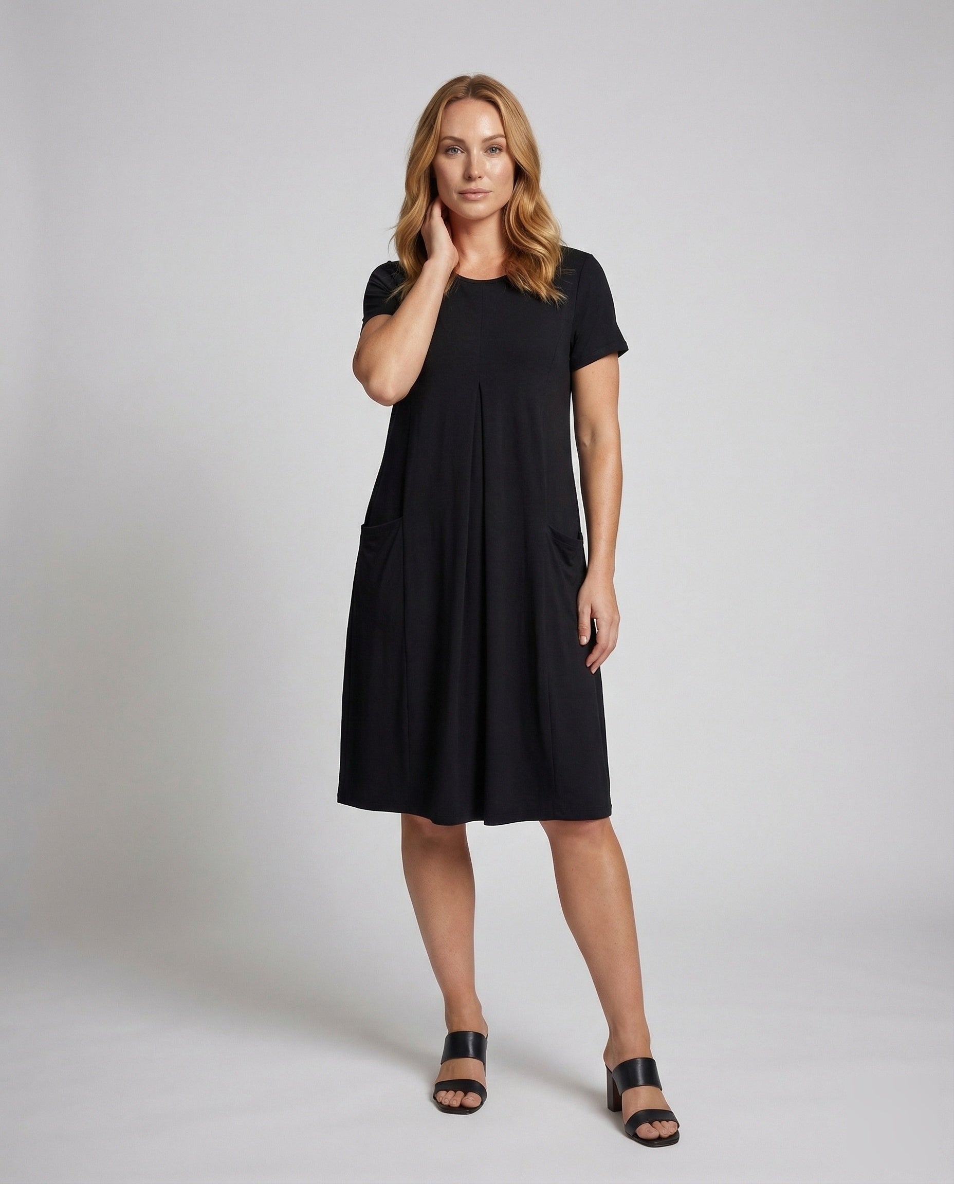 Damen Midikleid V-Ausschnitt Eingrifftaschen Schwarz - Eveloria