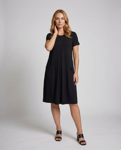 Damen Midikleid V-Ausschnitt Eingrifftaschen Schwarz - Eveloria
