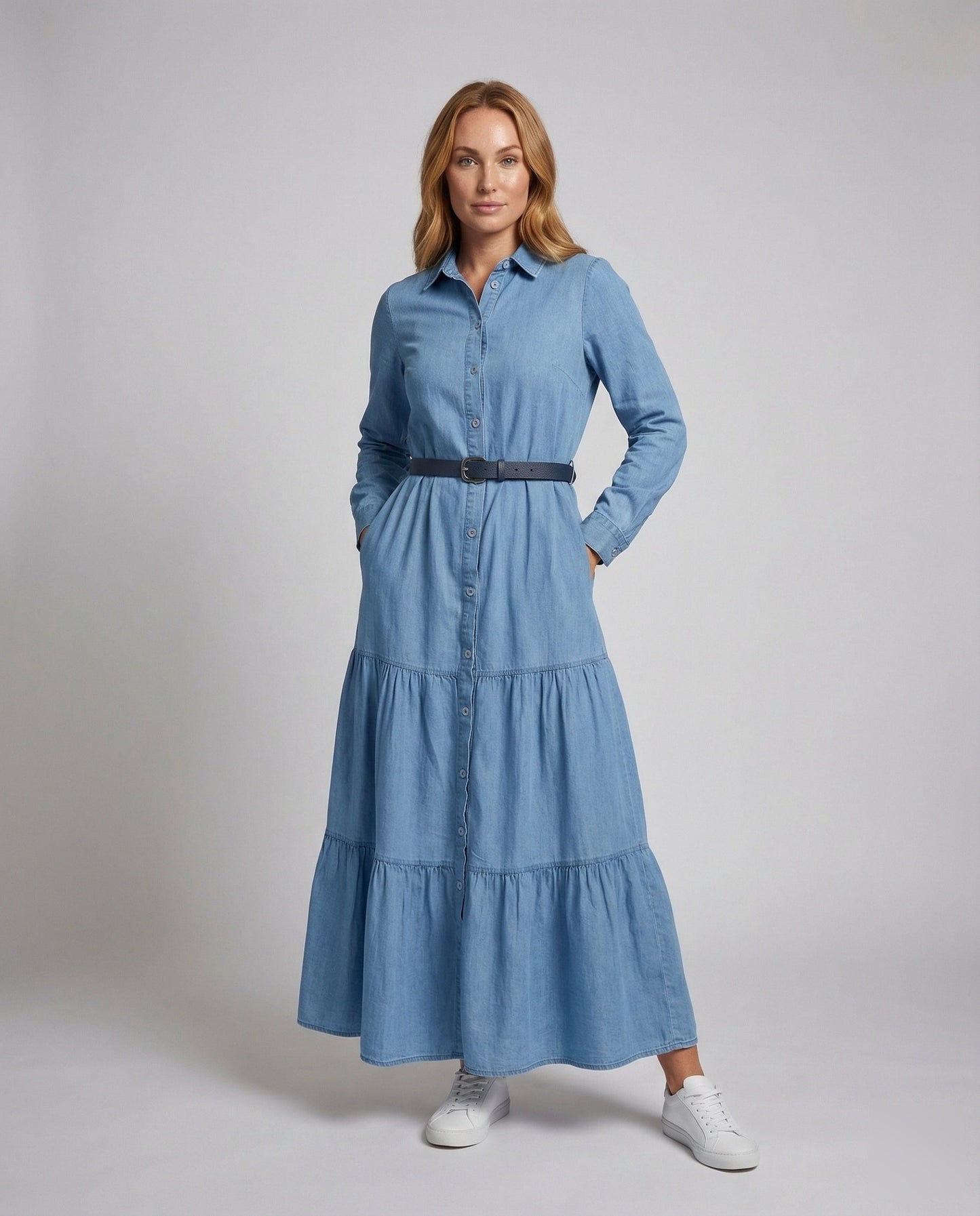 Damen Maxikleid mit Stufenrock und Manschettenärmeln - Eveloria