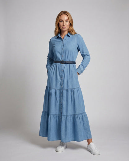 Damen Maxikleid mit Stufenrock und Manschettenärmeln - Eveloria