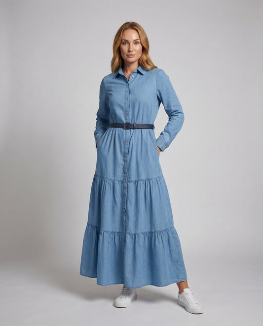 Damen Maxikleid mit Stufenrock und Manschettenärmeln - Eveloria