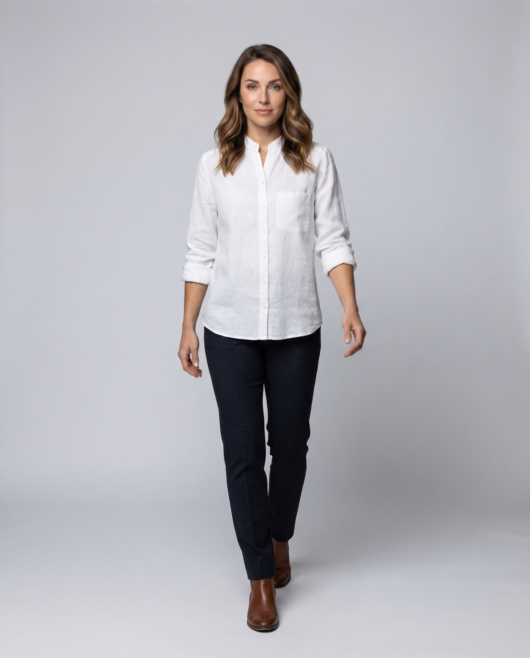 Damen Leinenbluse Mandarin-Kragen - Eveloria