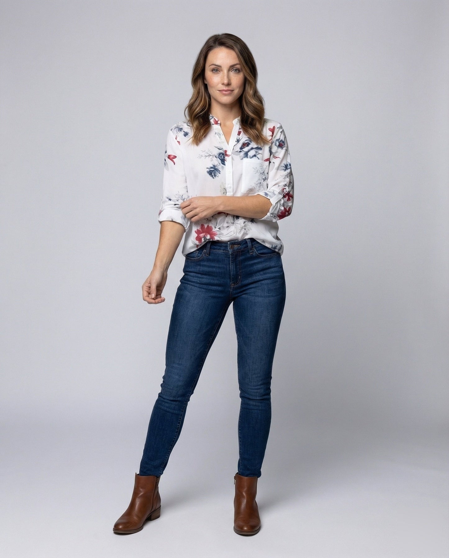 Damen Bluse Viskose Stehkragen Krempärmel - Eveloria