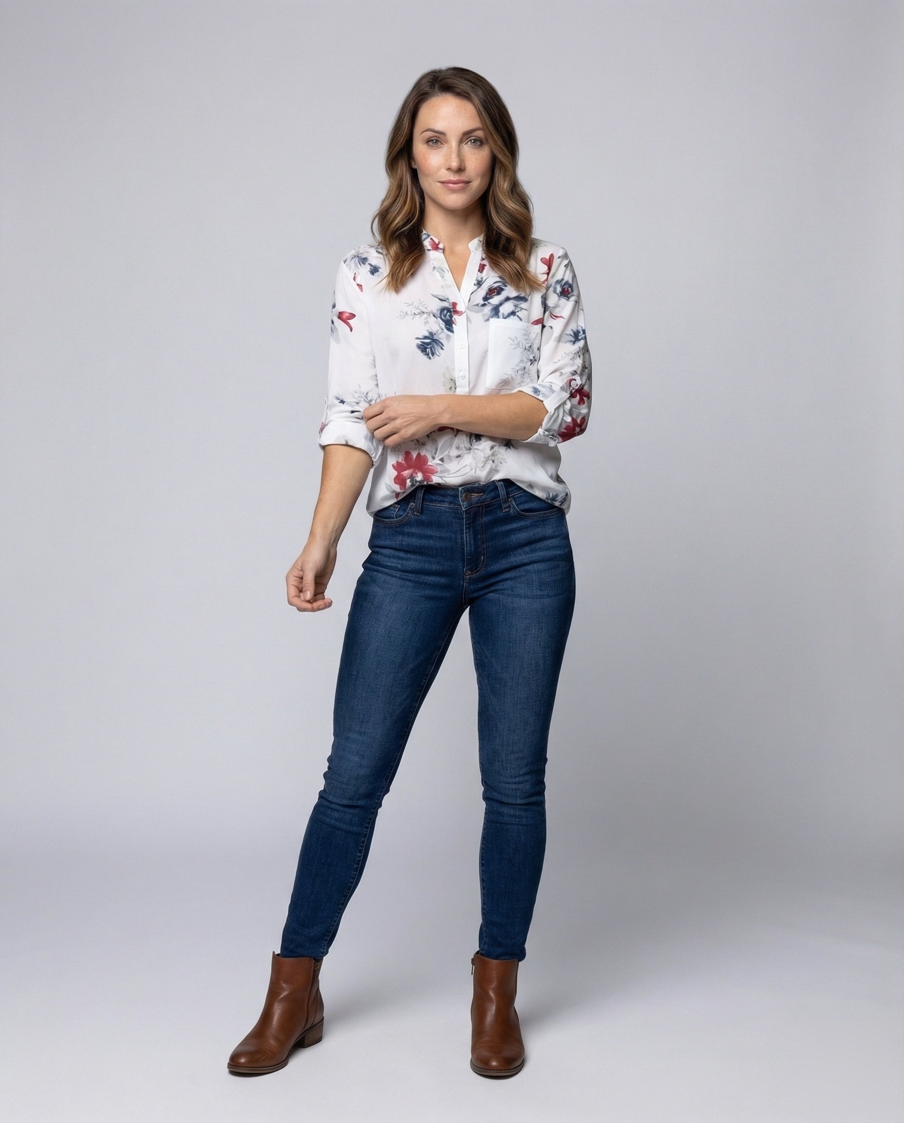 Damen Bluse Viskose Stehkragen Krempärmel - Eveloria