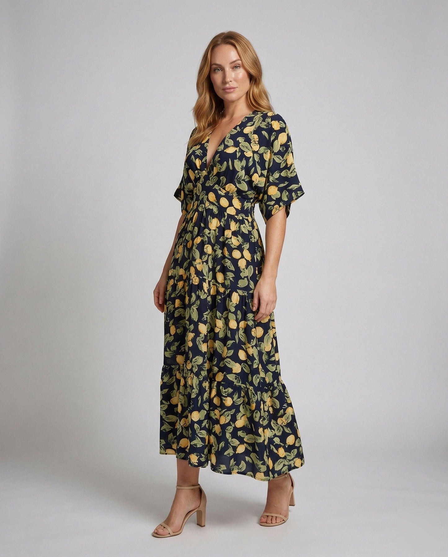 Damen Maxikleid Zitronenprint Rüschenrock - Eveloria