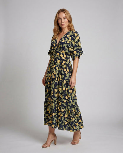 Damen Maxikleid Zitronenprint Rüschenrock - Eveloria