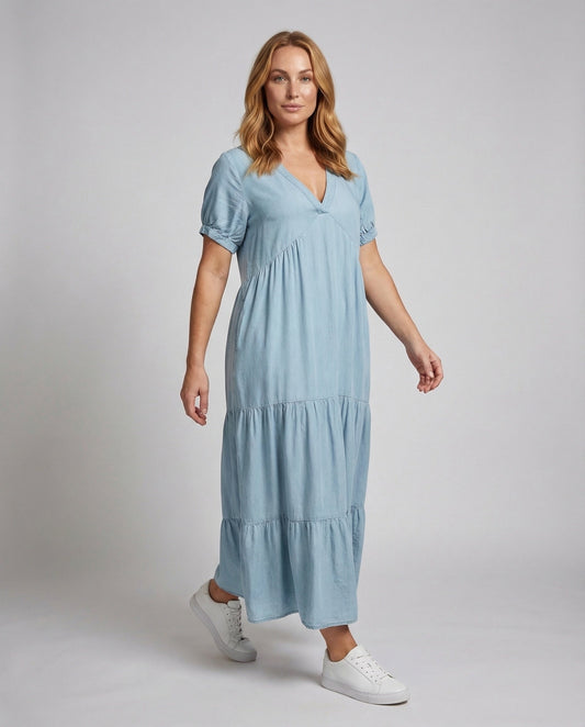 Damen Maxikleid Chambray Kurzärmel Gerafft - Eveloria
