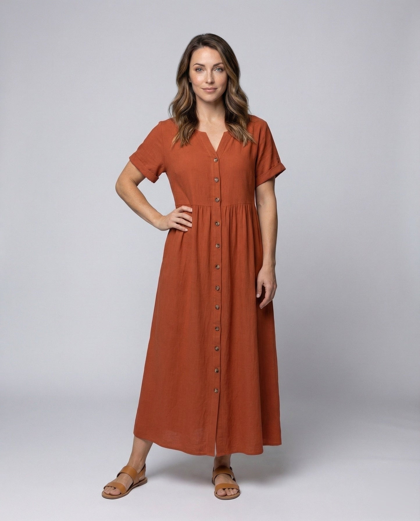 Damen Maxikleid Leinenoptik Knopfleiste Kurzärmel - Eveloria