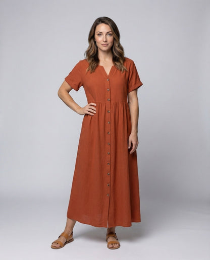 Damen Maxikleid Leinenoptik Knopfleiste Kurzärmel - Eveloria