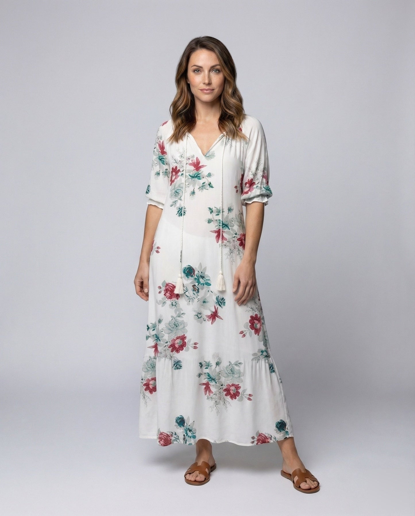 Damen Maxikleid Blumenmuster Quasten - Eveloria