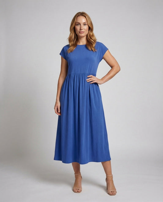 Damen Midikleid Rundhals Geraffte Taille - Eveloria