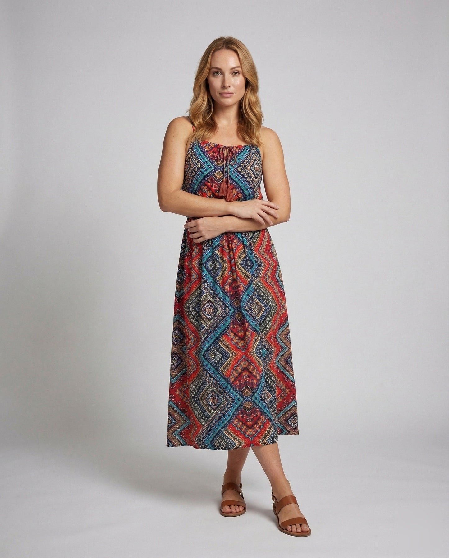 Damen Boho Midikleid Smock Taille Quastenband - Eveloria