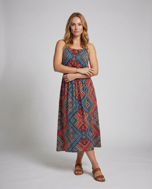 Damen Boho Midikleid Smock Taille Quastenband - Eveloria