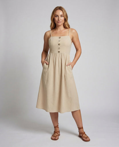Damen Midikleid Spaghettiträger Zierknöpfe - Eveloria