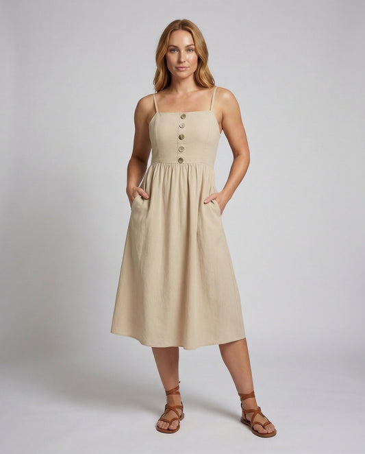Damen Midikleid Spaghettiträger Zierknöpfe - Eveloria