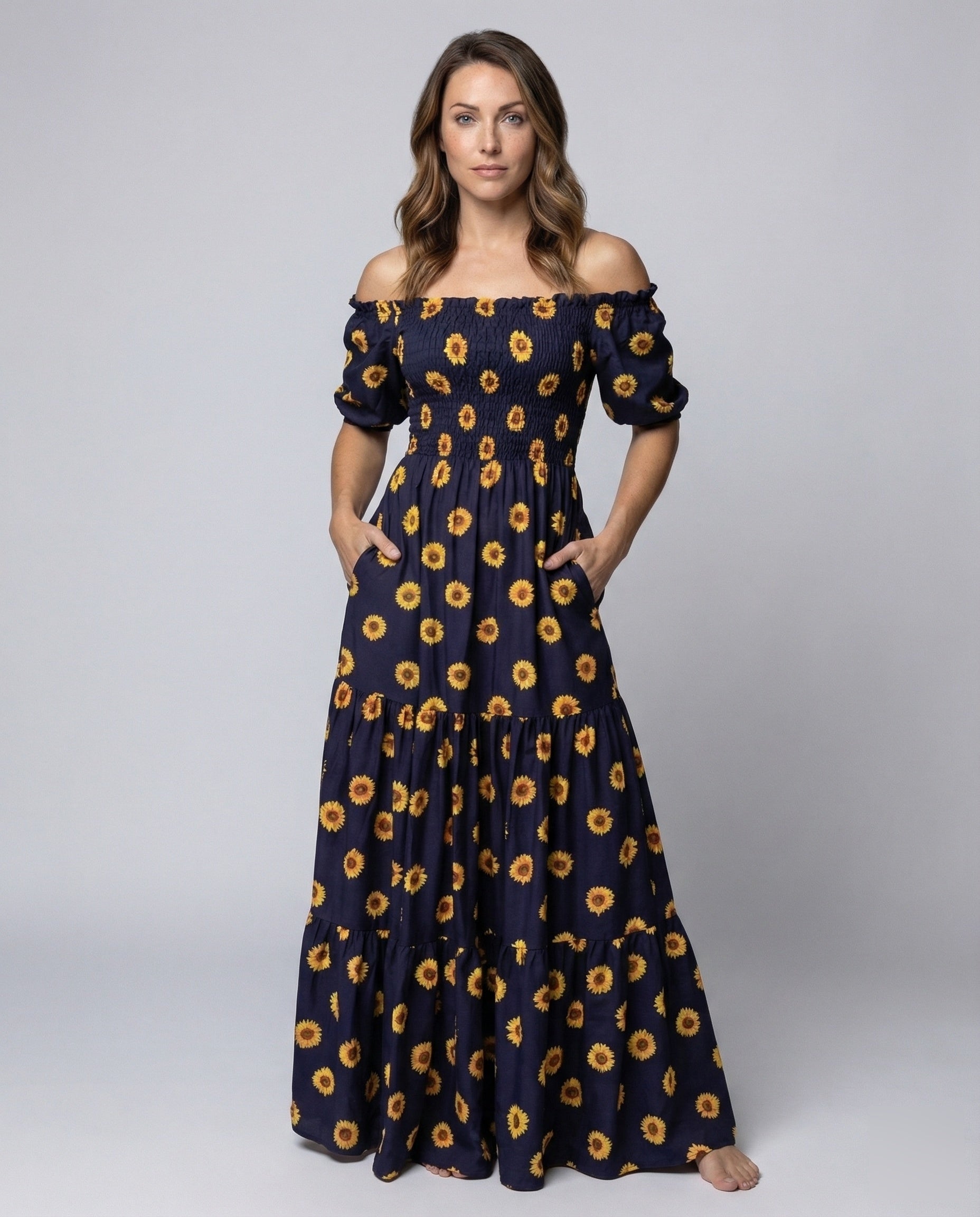 Damen Maxikleid mit Carmen-Ausschnitt und Volantrock - Eveloria