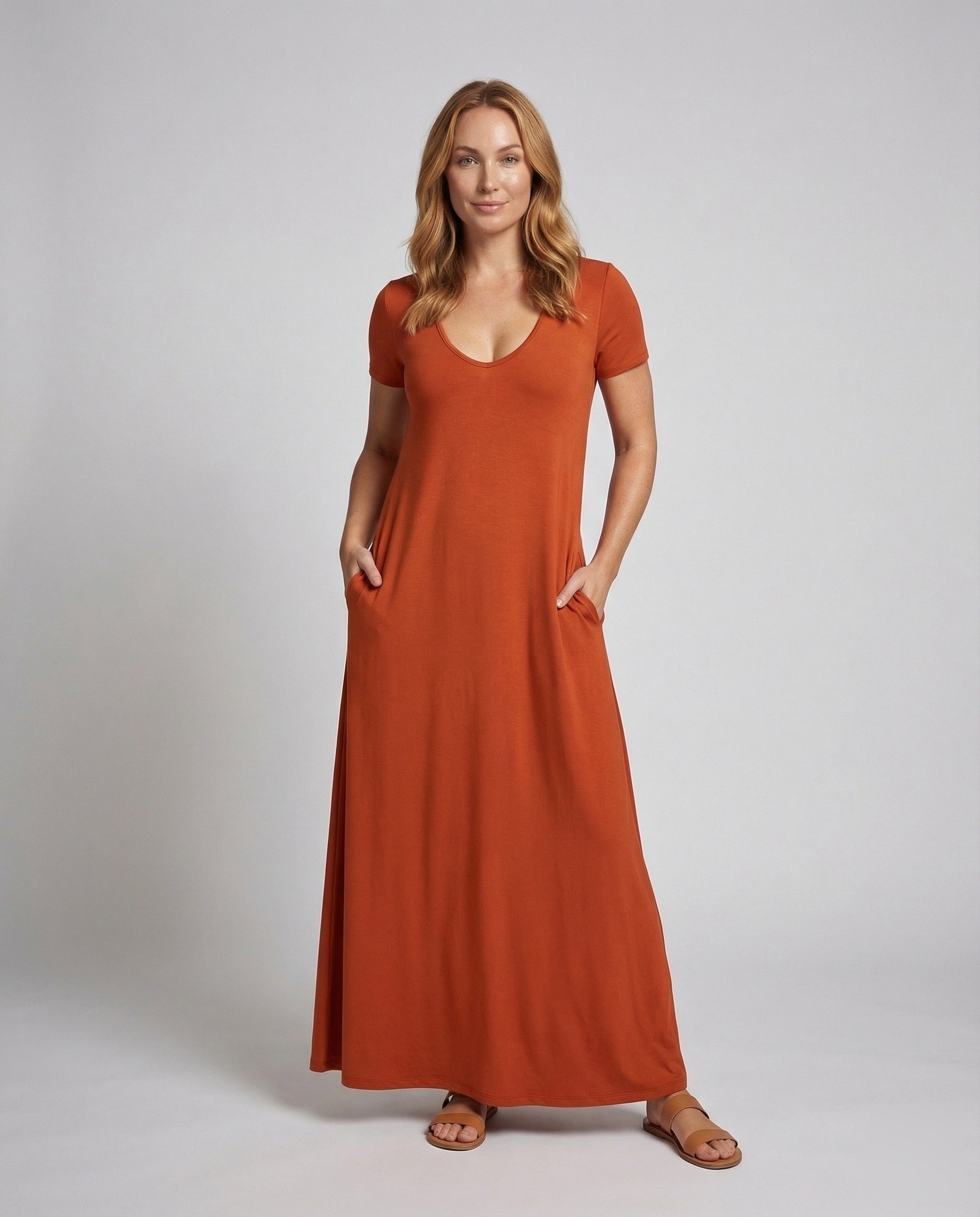 Damen Maxikleid Jersey V-Ausschnitt mit Taschen - Eveloria