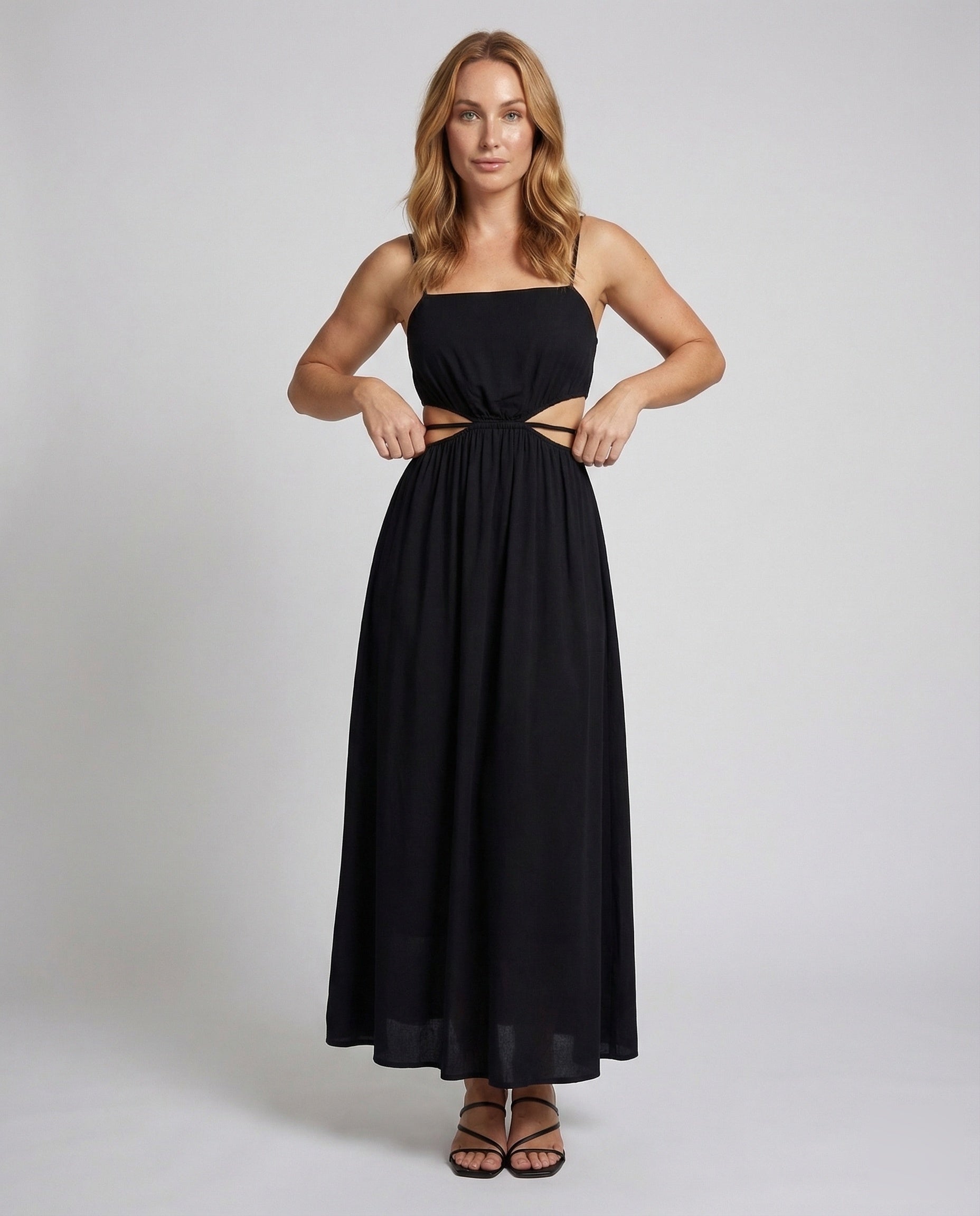 Damen Midikleid Spaghettiträger Cut-Outs Schwarz - Eveloria