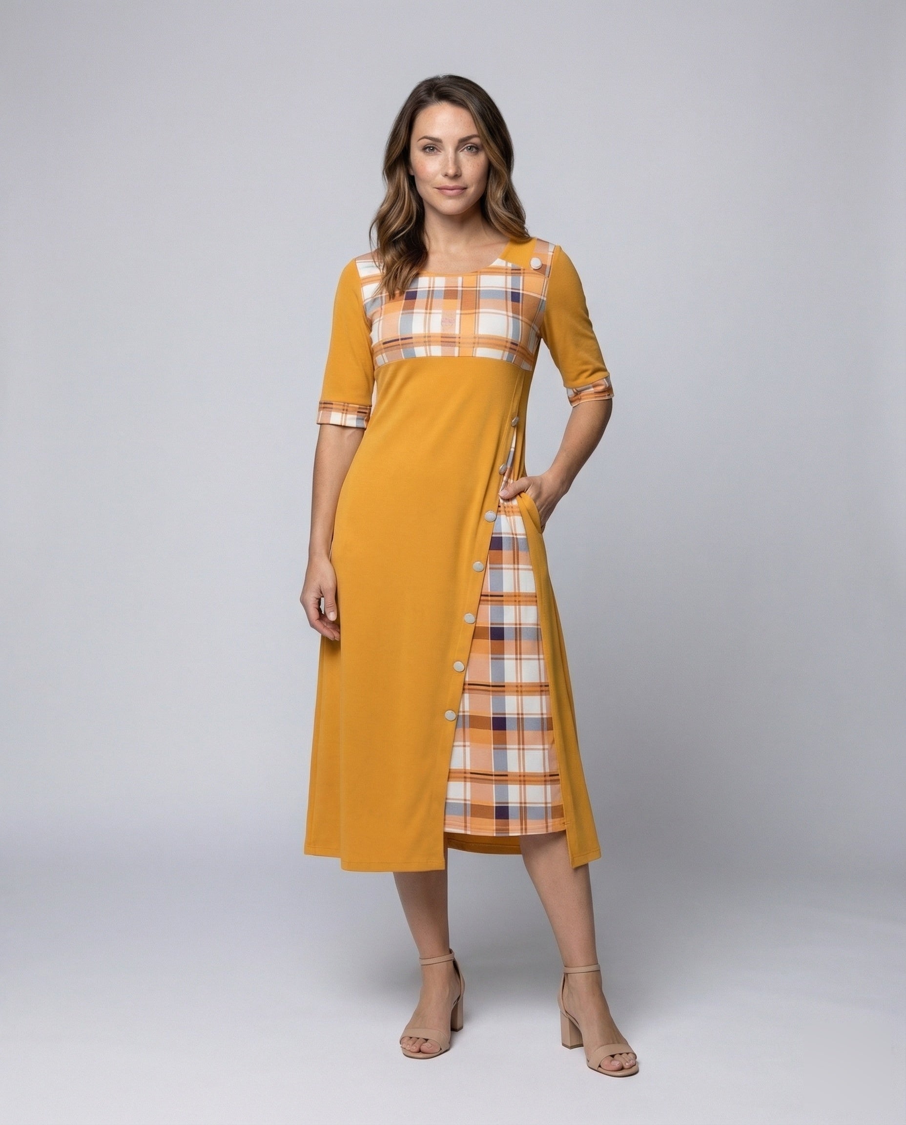 Damen Midikleid Kariertes Oberteil 3/4 Ärmel - Eveloria