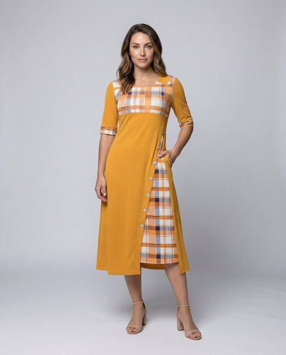 Damen Midikleid Kariertes Oberteil 3/4 Ärmel - Eveloria