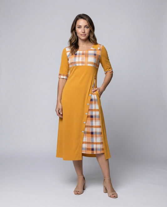 Damen Midikleid Kariertes Oberteil 3/4 Ärmel - Eveloria