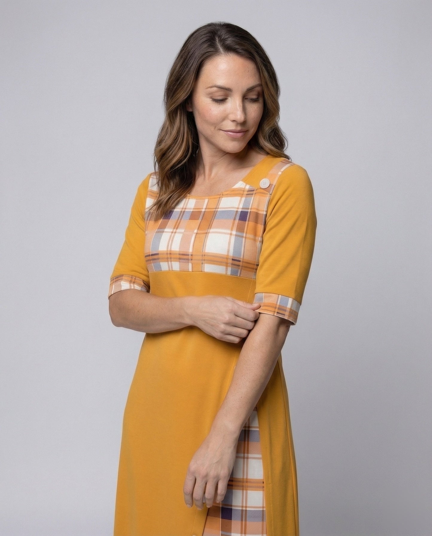 Damen Midikleid Kariertes Oberteil 3/4 Ärmel