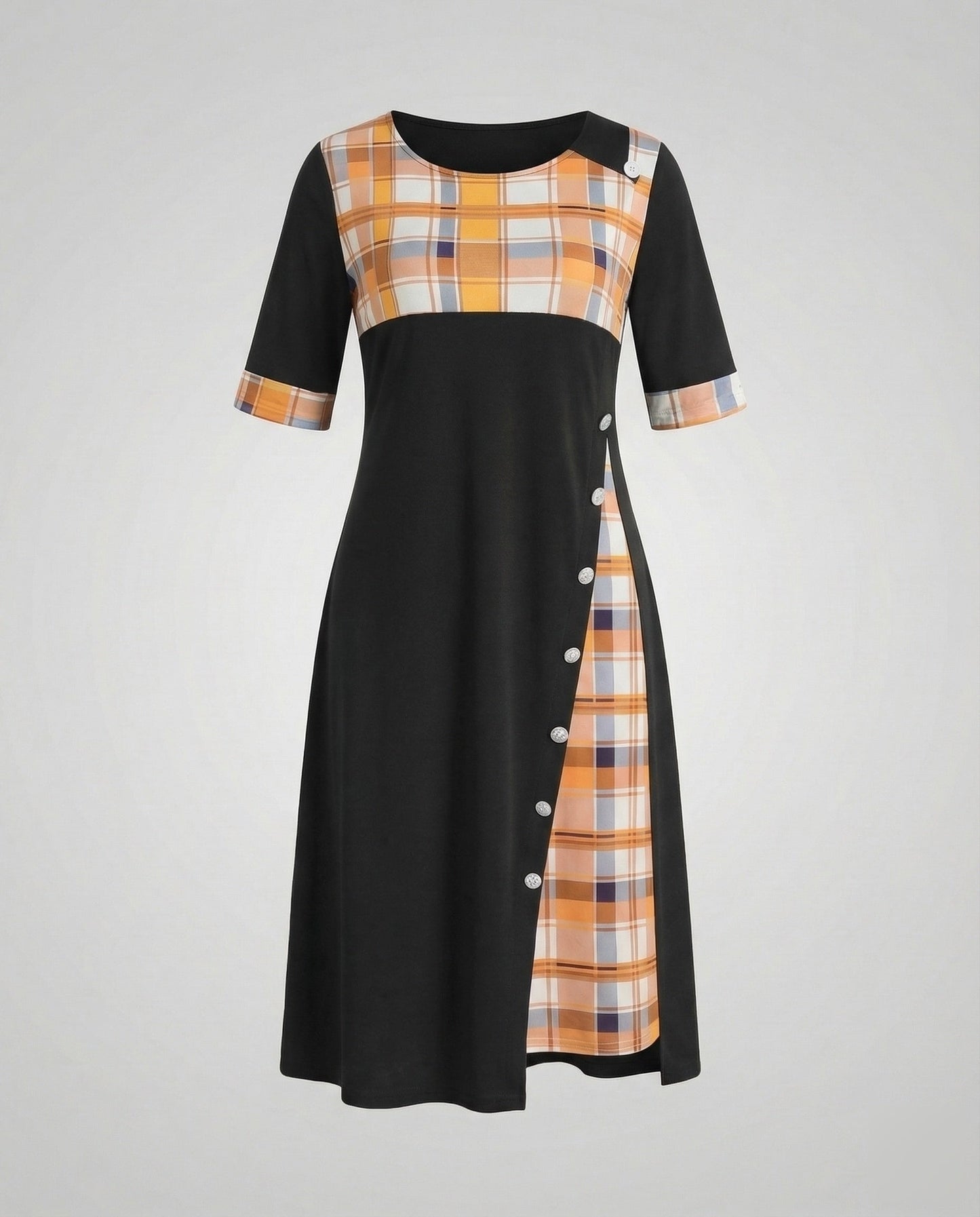 Damen Midikleid Kariertes Oberteil 3/4 Ärmel